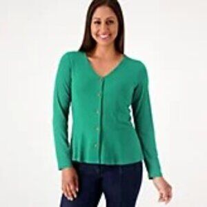 Susan Graver Liquid Knit Button-Front Peplum Top  Green 2x  NWOT